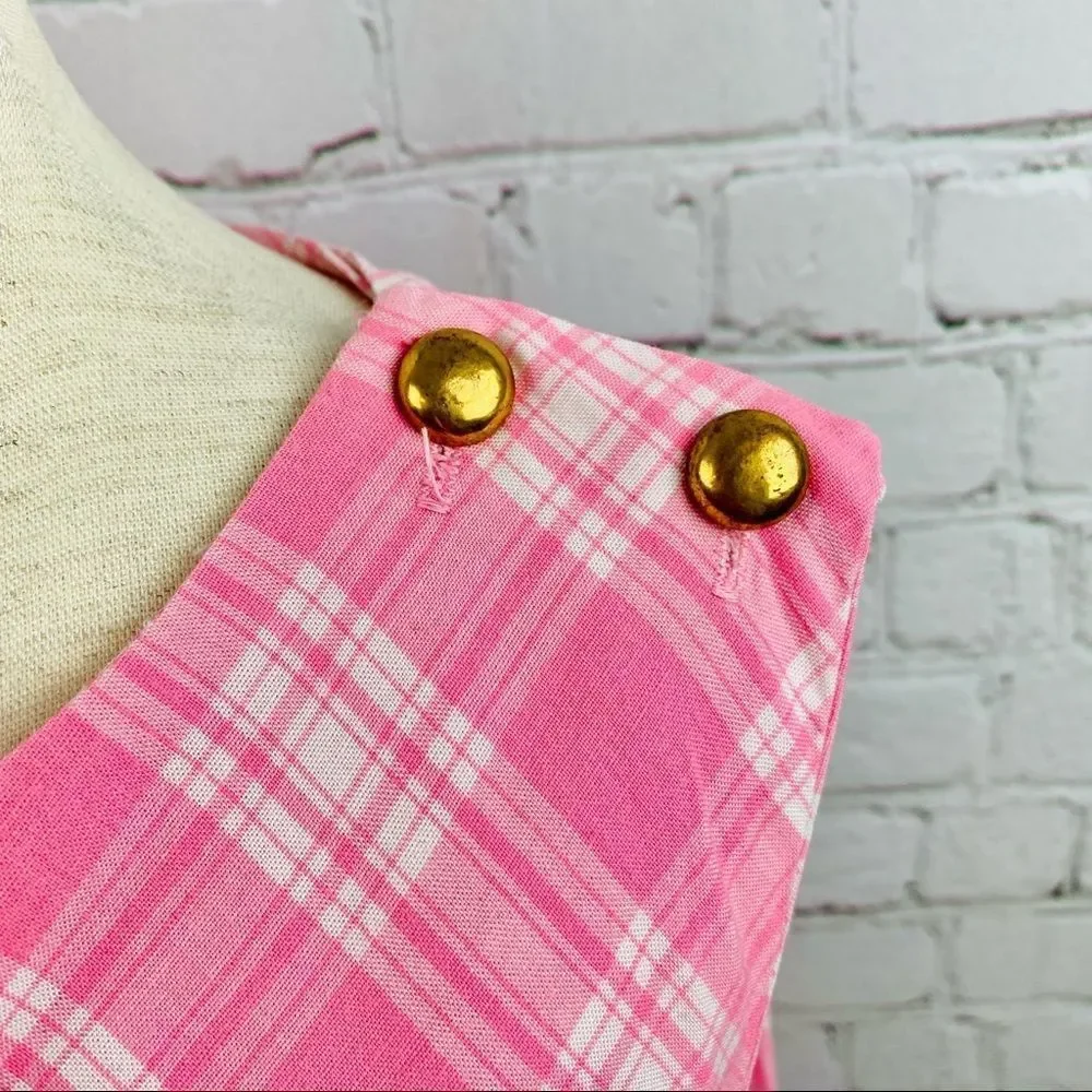 Vintage Pink Plaid Midi Dress Crew neck Sleeveless contour empire waist - Picture 4 of 11